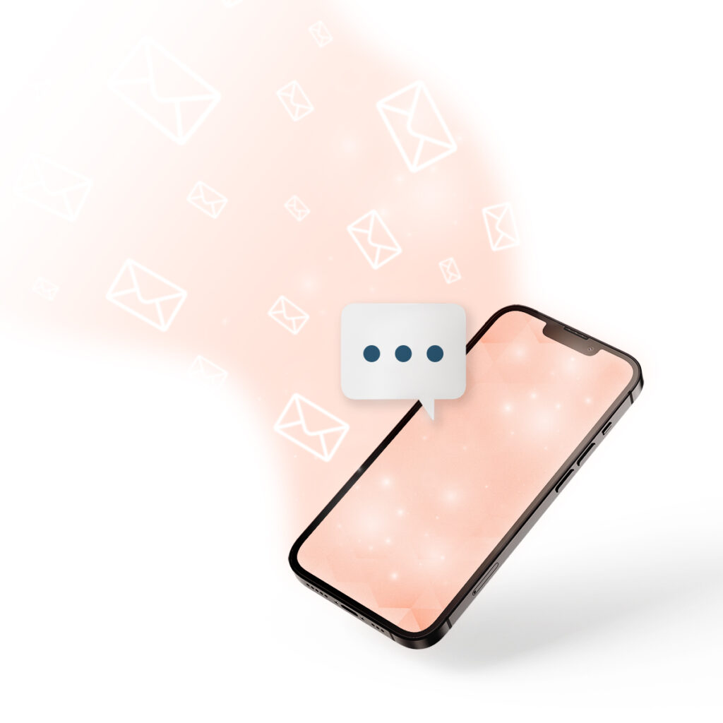 Illustration of a mobile phone with the text typing speech bubble